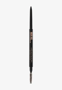 Brow Wiz pencil in black with a fine tip for precise application. Features a spoolie brush on one end for blending. Sleek design with branding.