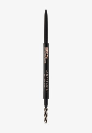 Brow Wiz pencil in black with a fine tip for precise application. Features a spoolie brush on one end for blending. Sleek design with branding.