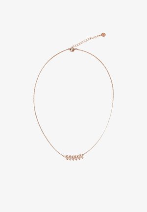 Delikatny naszyjnik z różowego złota z małym zawieszkiem w kształcie liścia oraz regulowanym zapięciem z przedłużką.