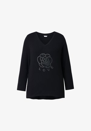 Czarna, długi rękaw, koszulka z dekoltem w szpic, zdobiona kwiatowym wzorem złożonym z srebrnych ćwieków oraz słowem "LOVE" poniżej wzoru.