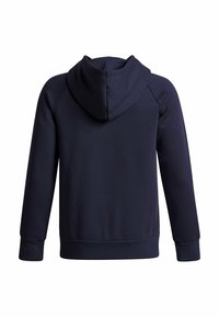Felpa con cappuccio a maniche lunghe di colore blu navy, con polsini e orlo a coste, vista dal retro su uno sfondo bianco.