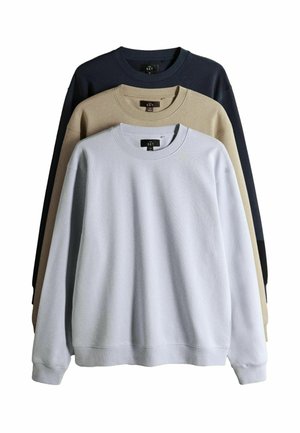 Tres sudaderas con cuello redondo en gris claro, beige y azul marino oscuro, apiladas verticalmente con cuellos y puños acanalados visibles.