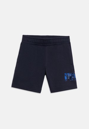 Pantaloni scurți casual de culoare bleumarin, cu talie elastică și buzunare laterale, având un logo de marcă albastru cu model pe piciorul drept inferior.