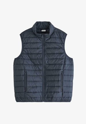 Donkerblauwe puffer vest, mouwloos, met horizontale stiksels, een hoge kraag en twee voorzakken met rits. Glad, lichtgewicht stof.