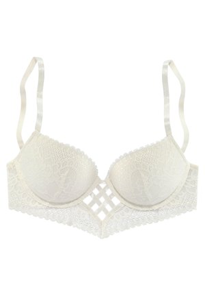 Witte kanten bh met gepatteerde cups, gegolfde randen en kruislings detail in het midden. Verstelbare satijnen bandjes. Gestructureerd bloemenpatroon.