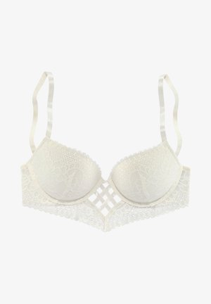 White lace bra with padded cups, scalloped edges, and crisscross detail at the center. Adjustable satin straps. Textured floral pattern.
