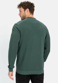 Grüner strukturiert Pullover mit gerippten Bündchen und Saum, rundem Ausschnitt und einem dezenten Logo-Detail auf dem oberen Rücken.