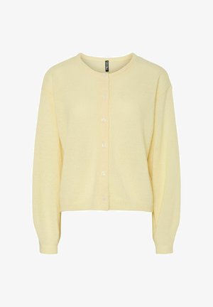 Geel cardigan van zacht breiwerk, met een ronde halslijn, knoopsluiting aan de voorkant en lange mouwen met ribgebreide manchetten.