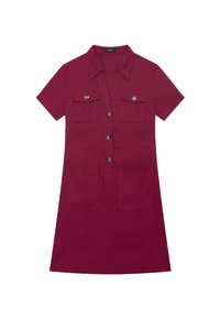 Abito a maniche corte con colletto di colore bordeaux, con chiusura a bottoni, due tasche sul petto e due tasche frontali, realizzato in tessuto texturizzato.
