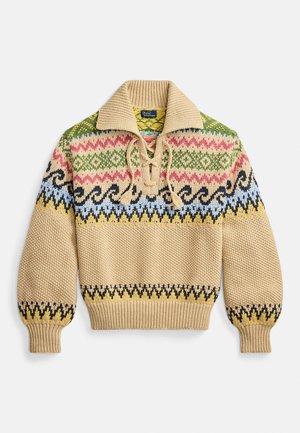 Knit pullover in beige with a wide collar. Features multicolored geometric patterns in pink, green, blue, and black. Cuffed sleeves.