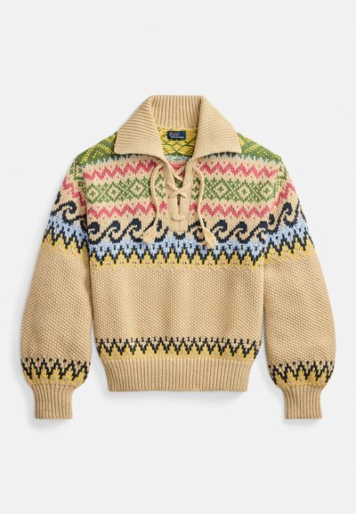 Knit pullover in beige with a wide collar. Features multicolored geometric patterns in pink, green, blue, and black. Cuffed sleeves.