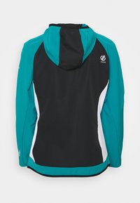 Damesjack met een zwart lijf en turkooise en witte accenten. Heeft een capuchon en lange mouwen. Lichtgewicht stof met een gladde afwerking.