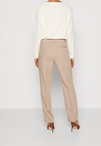 Beige tailored trousers with a straight cut, featuring back pockets and a smooth texture, paired with brown high-heeled shoes.