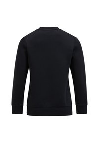 Felpa nera con maniche lunghe, scollo rotondo, colletto e polsini a costina, texture liscia, design minimalista, senza loghi o decorazioni visibili.