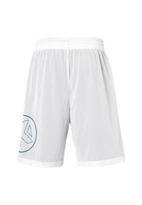 Weiße Netz-Sportshorts mit elastischem Bund, knielanger Schnitt und einem blauen geometrischen Logo am linken Bein.