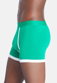 Boxer briefs in cotone verde con accenti bianchi, caratterizzati da una vestibilità aderente e una vita elastica. Progettati per comfort e funzionalità.