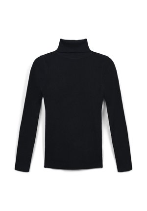 Maglione nero a coste con colletto alto e maniche lunghe, caratterizzato da un design aderente e realizzato in un materiale morbido e testurizzato.