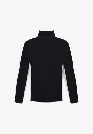 Maglione nero a coste con colletto alto e maniche lunghe, caratterizzato da un design aderente e realizzato in un materiale morbido e testurizzato.