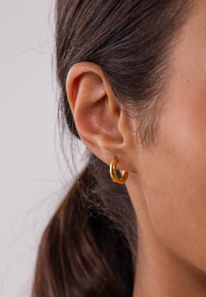 Gros plan sur l'oreille d'une personne aux cheveux foncés tirés en arrière, portant une petite boucle d'oreille en or lisse et brillante en forme d'anneau.