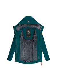 Turkusowa kurtka z miękką szarą futrzaną wyściółką, zatrzaskami i kapturem. Wnętrze posiada ozdobną metkę z kwiatowym wzorem.