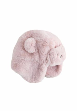 Soft pink faux fur trapper hat with ear flaps and a button strap for fastening under the chin.