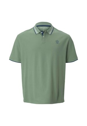 Polo t-shirt in een gedempte groene kleur gemaakt van zacht materiaal. Heeft een blauwe kraag en manchetten, met een klein logo op de linkerkant van de borst.