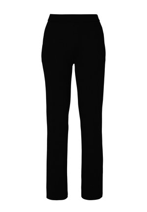 Black, ribbed knit pants with a smooth elastic waistband, straight leg design, and no visible pockets or embellishments.
