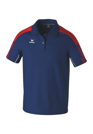 Polo blu navy a maniche corte con strisce rosse sulle spalle, colletto con bottoni e logo bianco Erima sul petto sinistro.