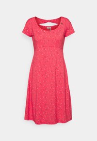 Kurzärmeliges rotes Kleid mit rundem Ausschnitt und tailliertem Oberteil, das ein florales Muster in Blau und Weiß aufweist. Rüchseitiges Bindedetail vorhanden.