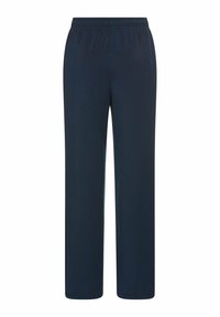 Granatowe spodnie o luźnym kroju, z elastycznym pasem i prostymi nogawkami, wykonane z miękkiego, lekkiego materiału. Brak widocznych wzorów lub elementów metalowych.