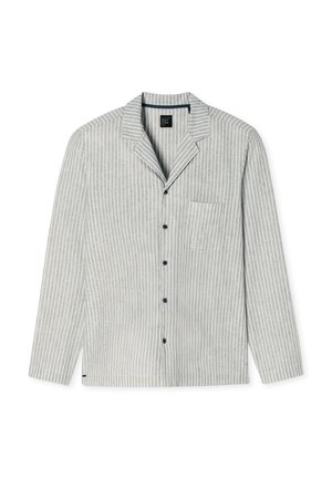 Camicia grigia chiara a maniche lunghe con bottoni, strisce verticali bianche, colletto a risvolto, taschino sul petto e bottoni scuri.