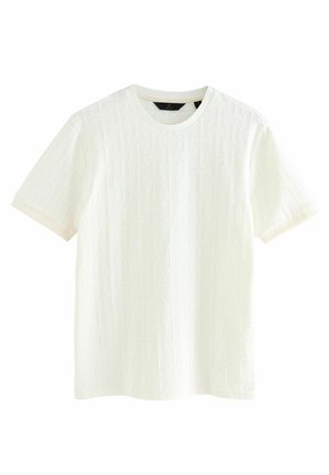 White short-sleeve t-shirt featuring a textured geometric pattern, round neckline, and contrasting cuffs. Soft fabric with a relaxed fit.