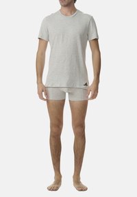 Graues Baumwoll-T-Shirt und passende Boxer-Shorts, glatte Textur, runder Ausschnitt, Adidas-Logo-Akzente am unteren linken Saum, minimalistisches Design.