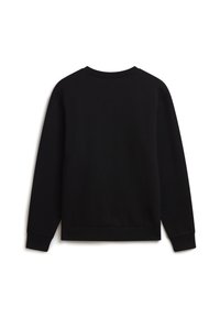 Sweat-shirt noir à manches longues et col rond vu de dos, avec poignets et ourlet côtelés sur fond blanc.