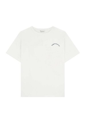 White cotton t-shirt with short sleeves and a round neckline. Features a small blue embroidered logo on the left side.