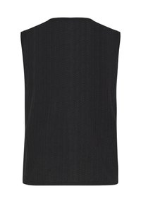 Gilet de pull sans manches en tricot noir avec un motif zigzag vertical subtil.
