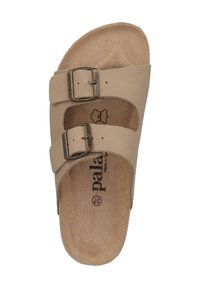 Sandal de cuero marrón con dos correas ajustables y hebillas de metal, que cuenta con una plantilla de suavidad de ante y una suela ligeramente contorneada.