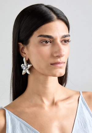 Silberne blumenförmige Ohrringe mit polierter Oberfläche, die einen zentralen klaren Stein präsentieren, getragen von einem Modell mit glattem dunklem Haar und einem hellblauen Oberteil.