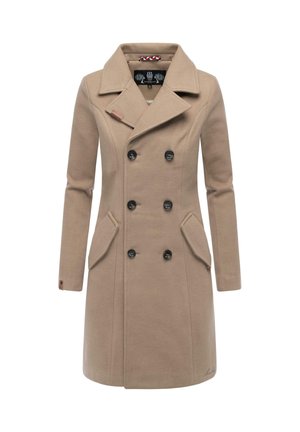 Cappotto peacoat in misto lana beige con design doppiopetto, bottoni neri, ampie tasche laterali e colletto a risvolto.