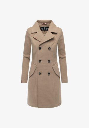 Beeži villasegu peacoat topeltesiste disainiga, mustade nööpidega, suurte küljetaskutega ja kraega.