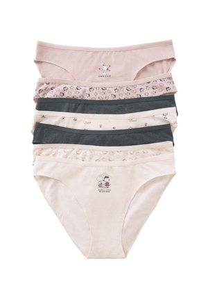 Set di sei paia di mutandine di cotone per donna in vari colori: rosa chiaro, beige, verde scuro e crema, con stampe e motivi di cartoni animati.