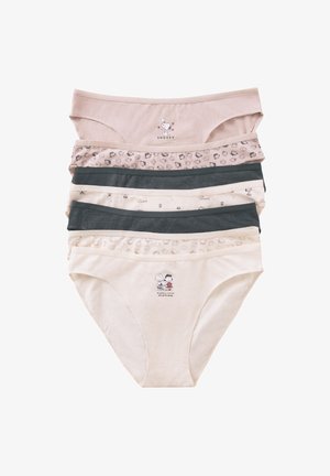 Set aus sechs Paar Damen-Cottonslips in verschiedenen Farben: Hellrosa, Beige, Dunkelgrün und Creme, mit Cartoon-Drucken und Mustern.
