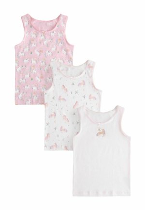 Tri detské tielka bez rukávov: jedno ružové s bielymi jednorožcami a dúhami, jedno biele s ružovými jednorožcami a kvetinovými vzormi, jedno biele s malým motívom jednorožca.