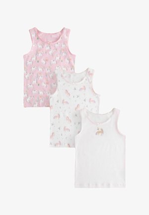Drei ärmellose Kindertops: eins pink mit weißen Einhörnern und Regenbögen, eins weiß mit pinken Einhörnern und Blumenmustern, eins weiß mit kleinem Einhorn-Detail.