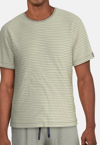 Hellgrünes T-Shirt mit kurzen Ärmeln aus weichem Stoff, mit dünnen horizontalen Streifen in dunklerem Grün. Mit rundem Ausschnitt und einem Etikett am Ärmel.