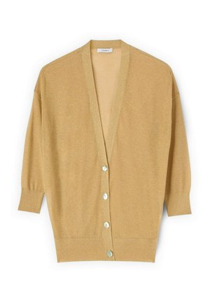 Beigen värinen, pitkähihainen neuletakki V-pääntiellä, resorireunuksilla ja helmalla, etupuolella neljä valkoista nappia ja rento istuvuus.