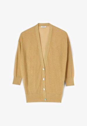 Cárdigan beige de manga larga con cuello en V, puños y bajo acanalados, delantero con botones blancos y ajuste relajado.