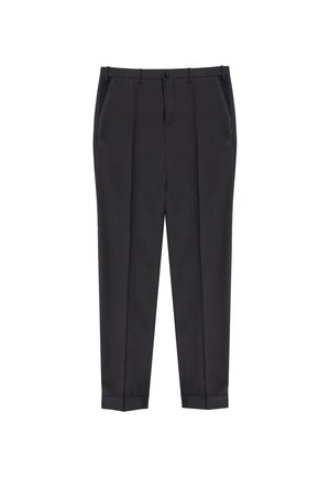 Schwarz maßgeschneiderte Hosen mit einem schlanken Design, das eine flache Front, seitliche Taschen und eine schmale Passform aufweist. Glatte Stoffoberfläche und dezenter Glanz.