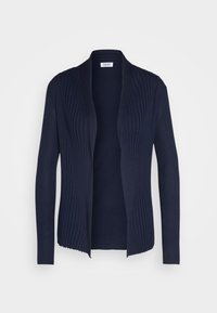 Námořnický pruhovaný kardigan s otevřeným předním dílem, dlouhými rukávy a měkkou texturou. Má jemný vlnitý vzor podél okrajů. Vhodný pro vrstvení.