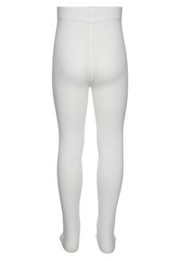 Hvite leggings laget av elastisk stoff, med et sømløst design og glatt tekstur, som dekker hele beinet med en tettsittende passform.